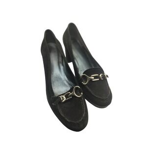 Stuart Weitzman Loafer Pumps Womens 7.5 Black Fair Suede Horse Buckle Block Heel